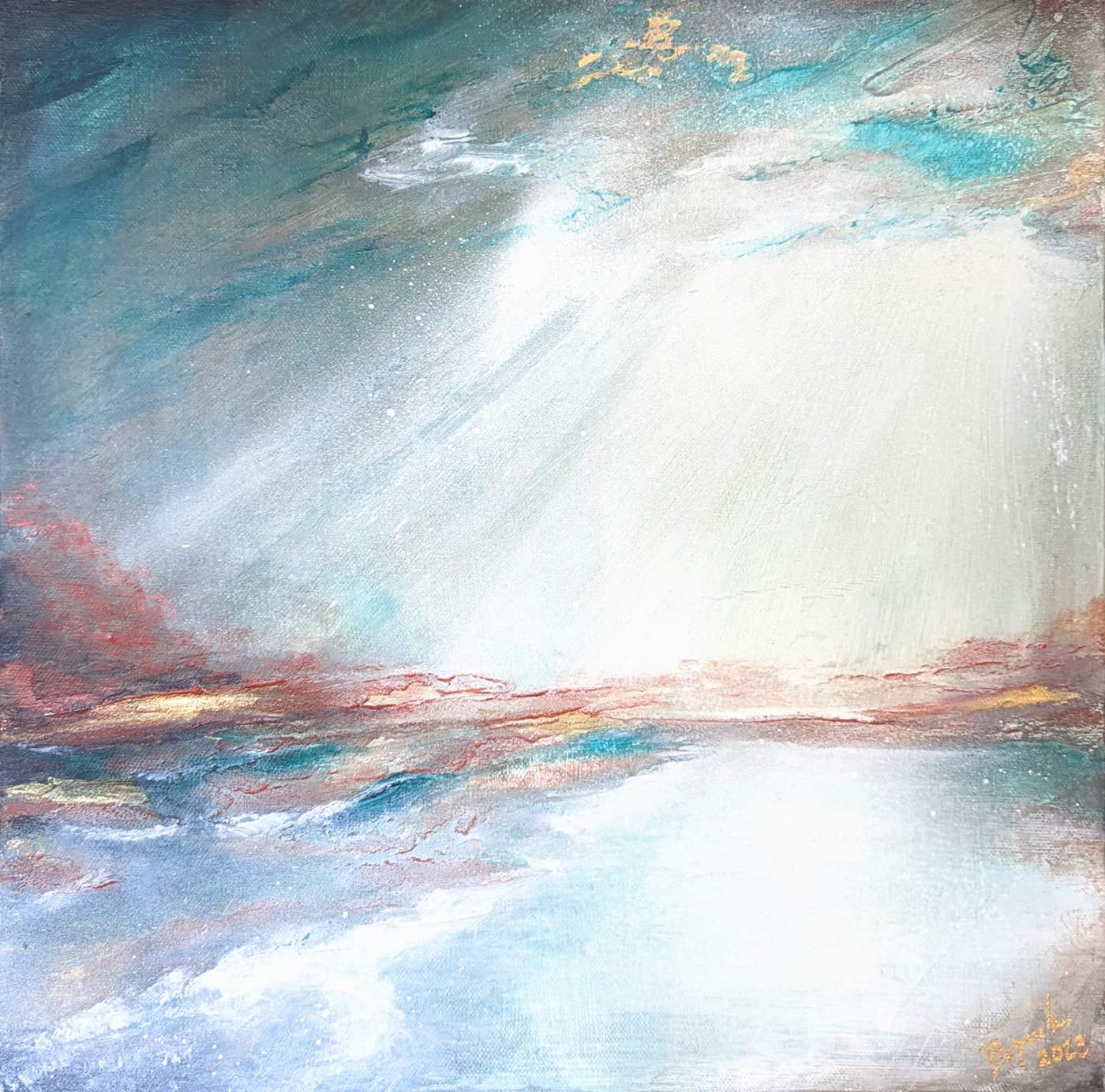 Breath — white light breaking through a turquoise and copper sky, with gold and heavy texture.