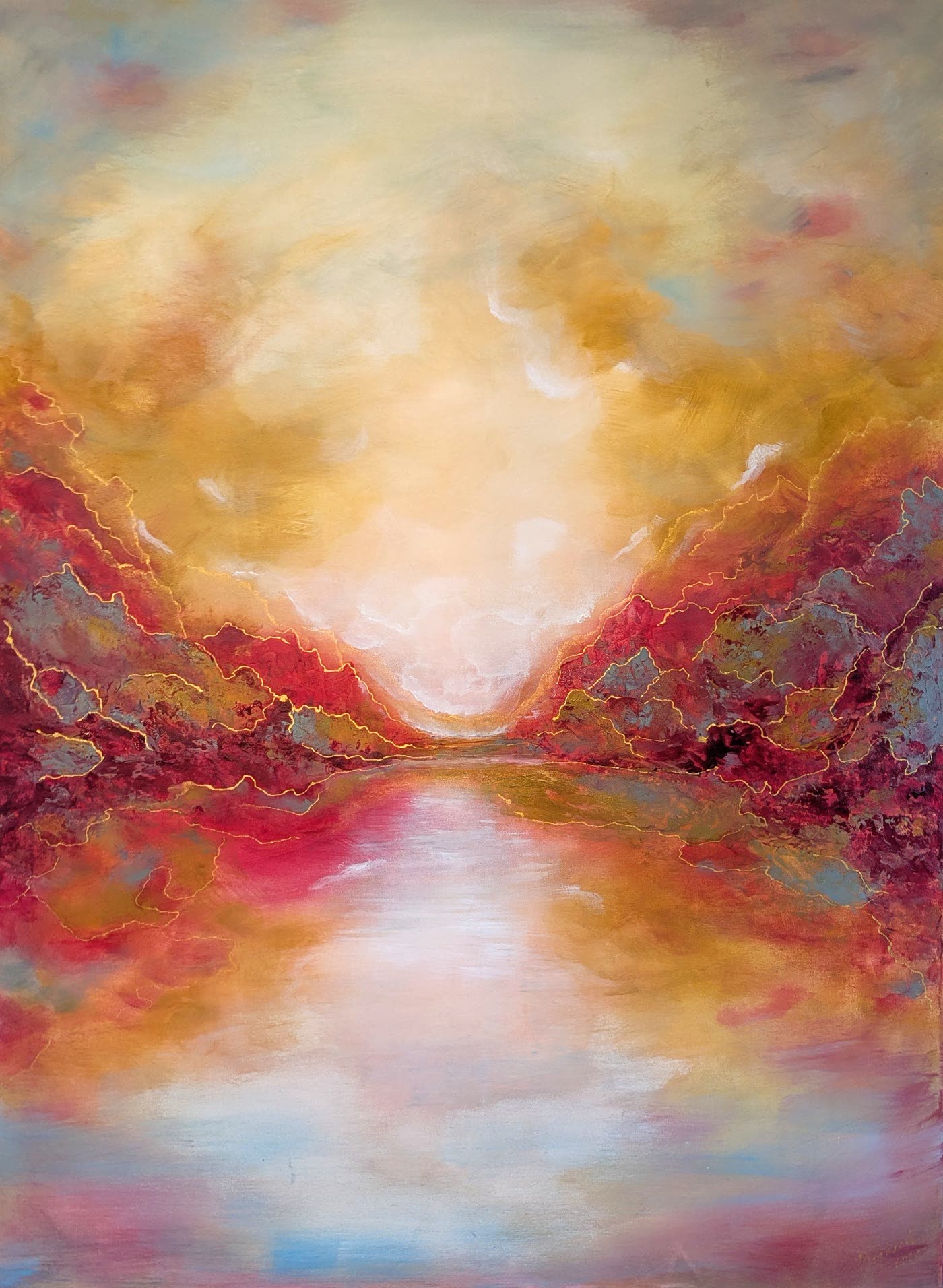 Whispering Horizon — a valley of deep red and gold cliffs opening onto pale water under a golden sky.