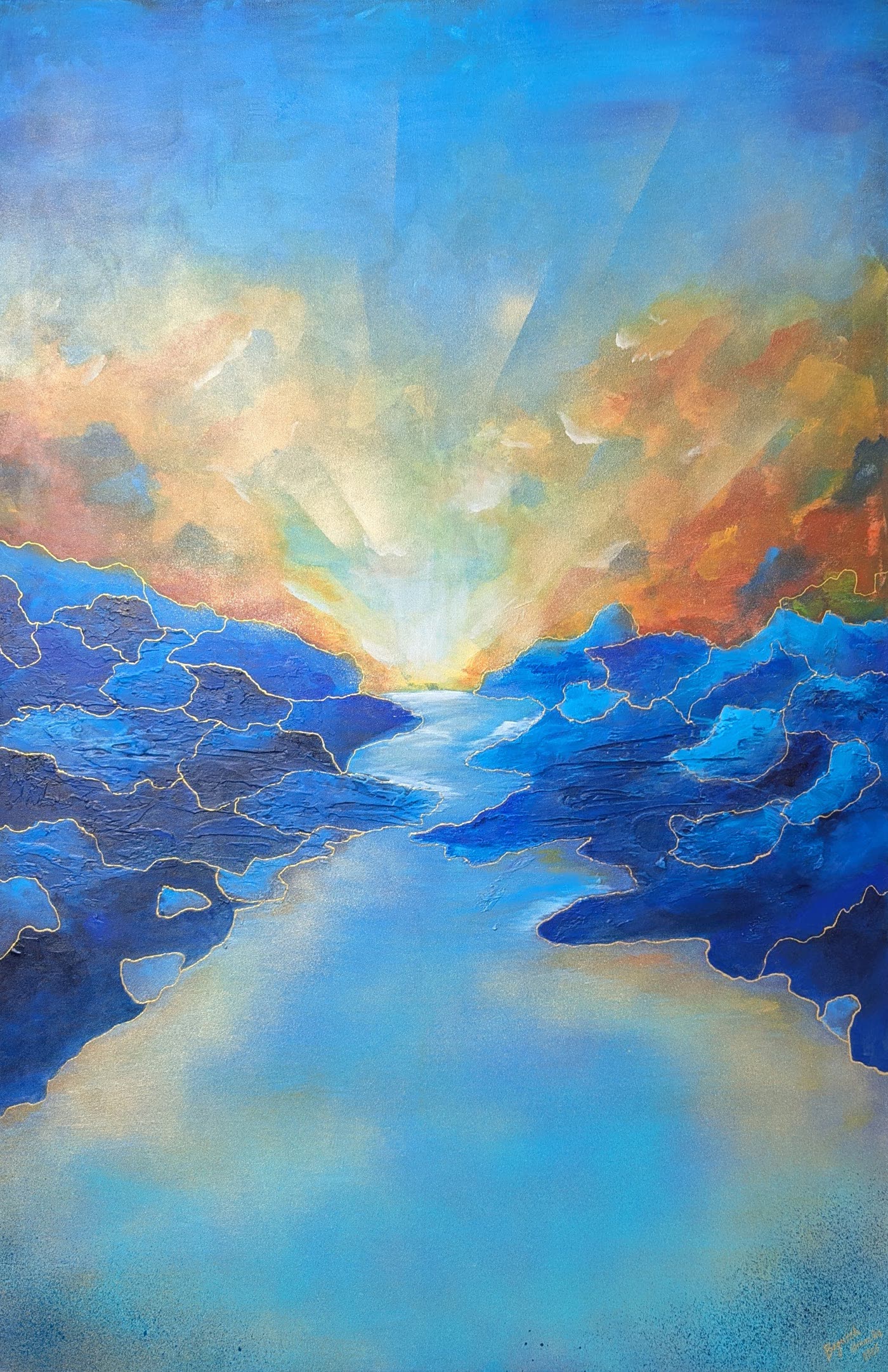 Plaisir — sunrise breaking over deep blue textured banks veined with gold, above still turquoise water.