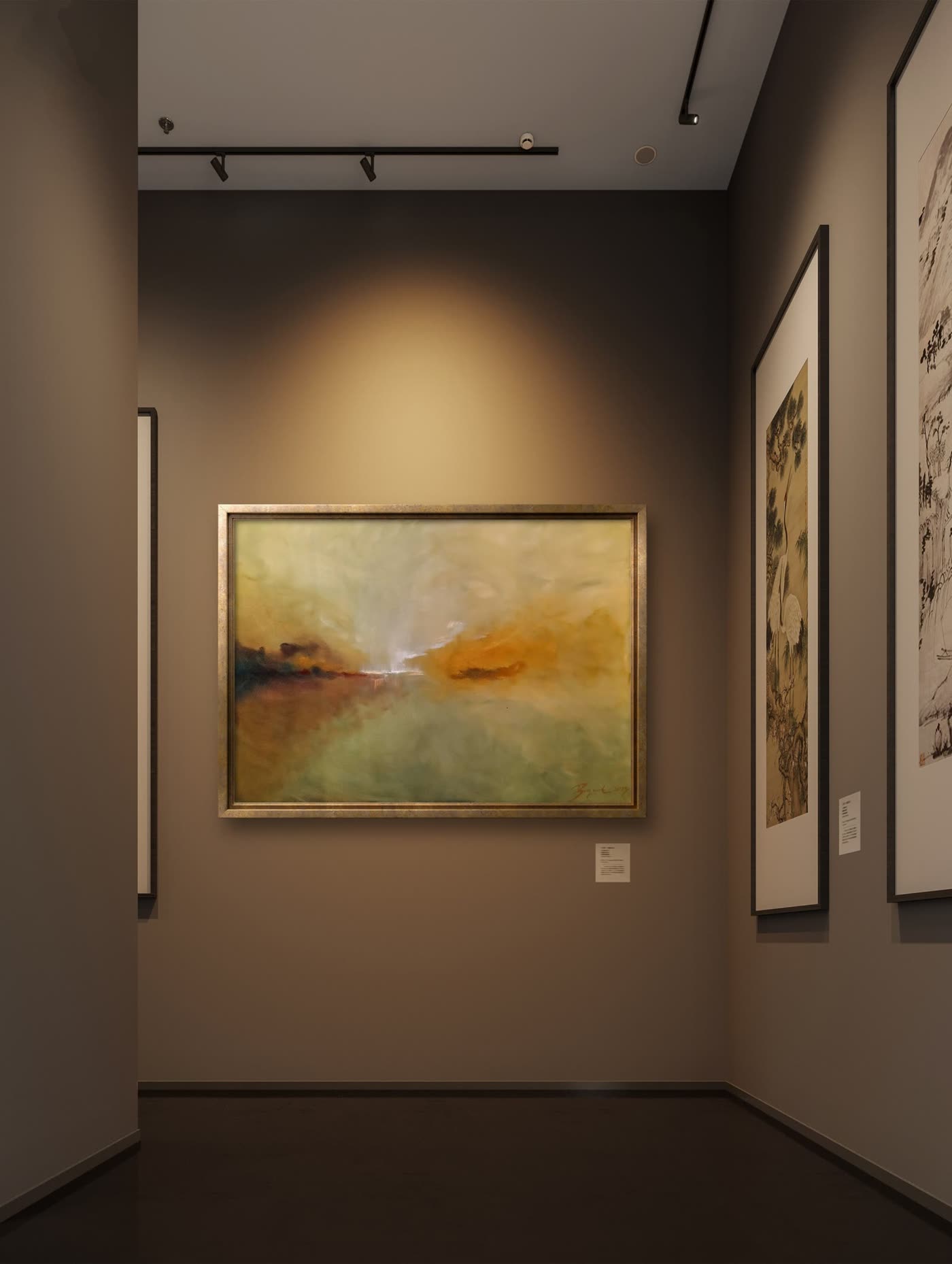 A framed painting by Veronika Bogusch under a spotlight on a dark gallery wall.