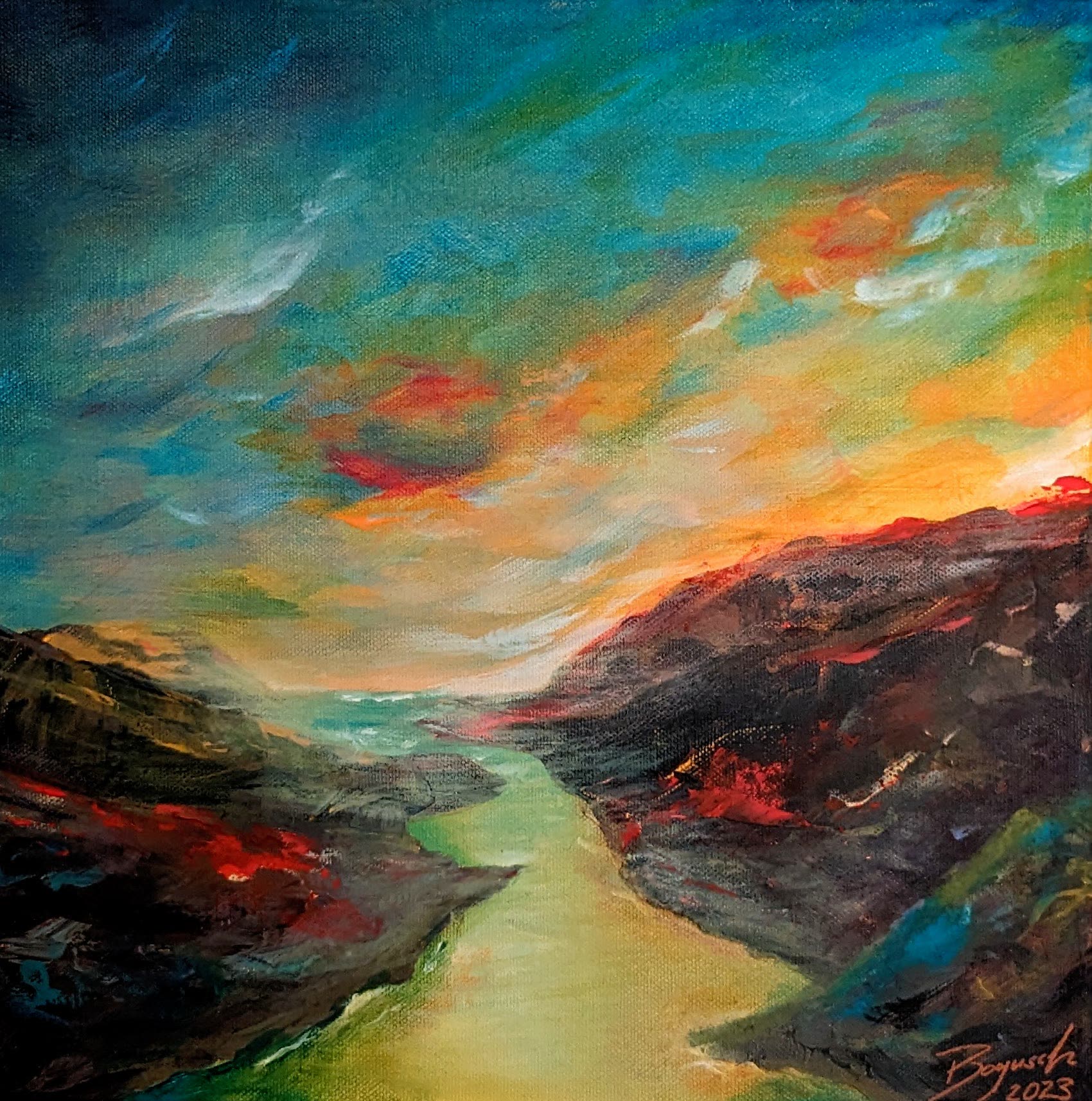 Last Light — an abstract landscape painting: a turquoise and orange sunset sky above dark cliffs, with a pale green river running between them.
