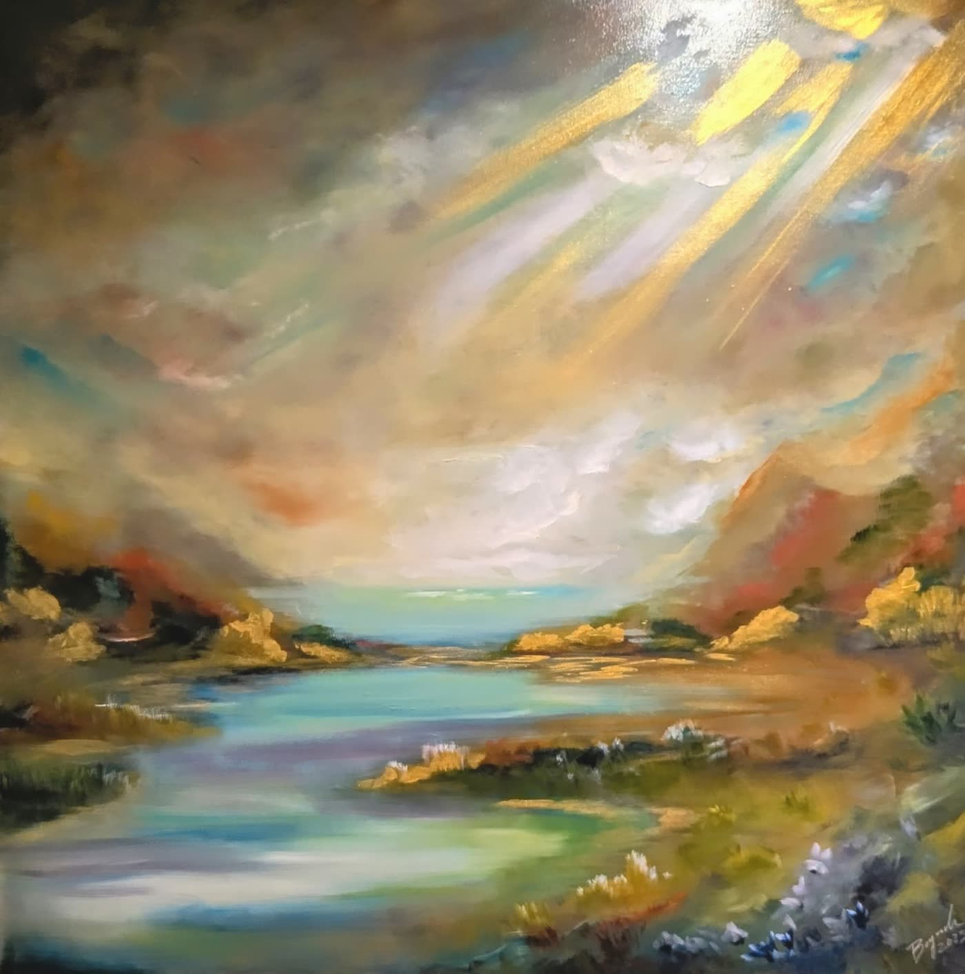 Light Fall — gold sunbeams breaking through cloud onto a winding river and green banks.