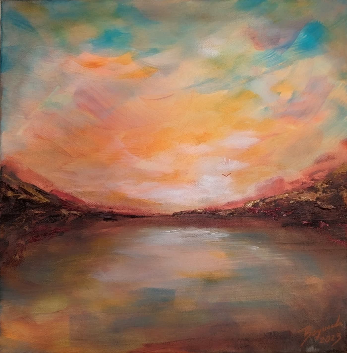 Passage — a soft coral and peach sky over a calm lake, a single bird in flight.