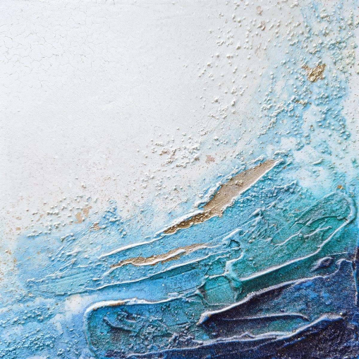 Detail of a heavily built surface in white, turquoise and gold, the relief standing well off the canvas.
