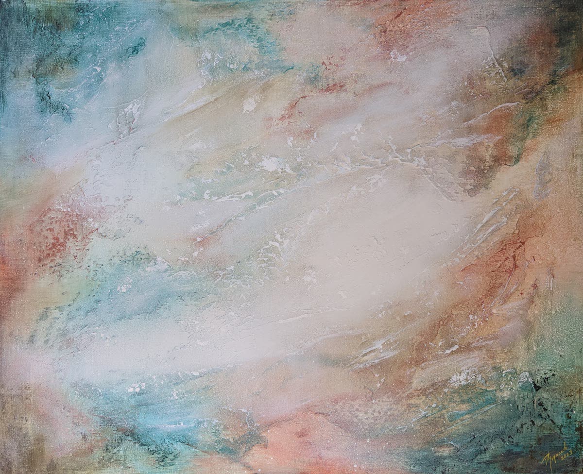 A pale landscape in white, coral and turquoise, worked in soft horizontal drifts.