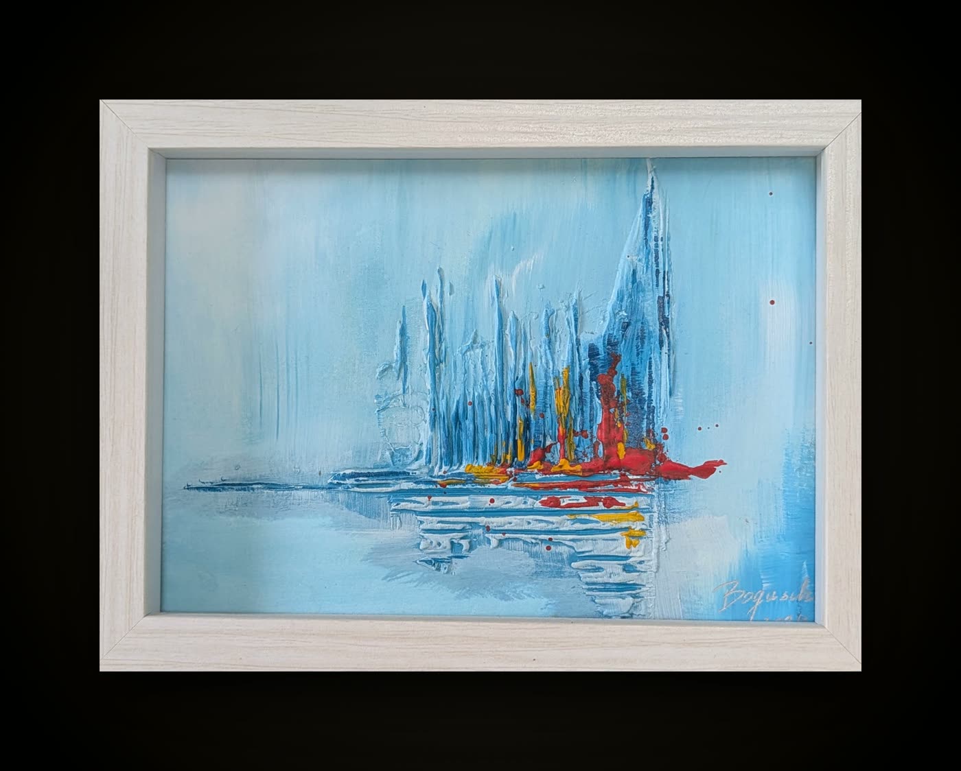 A framed painting: a pale blue harbour with masts suggested in blue, red and yellow drips over water.