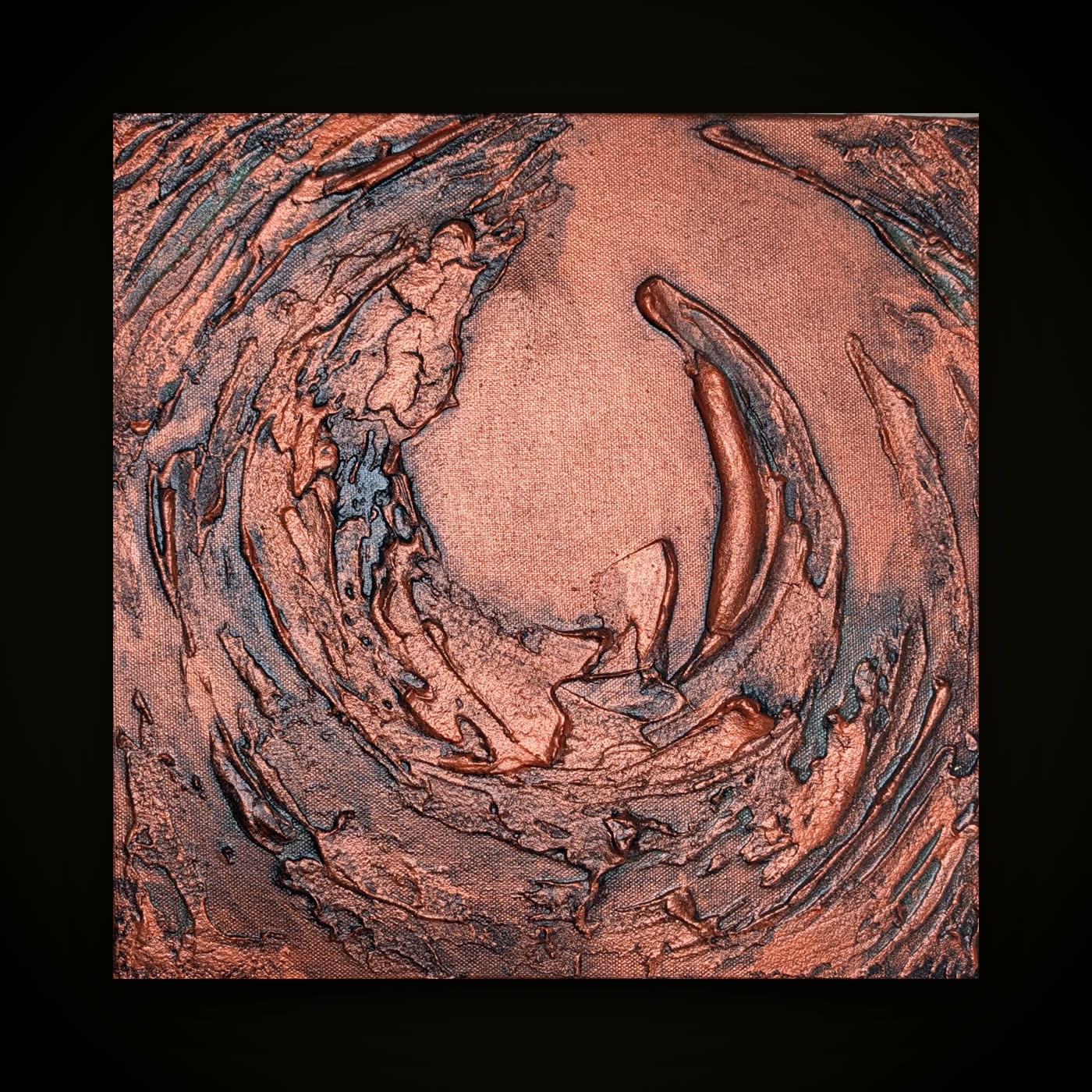 A square canvas worked entirely in copper: a deep spiral of thick relief catching light across the surface.