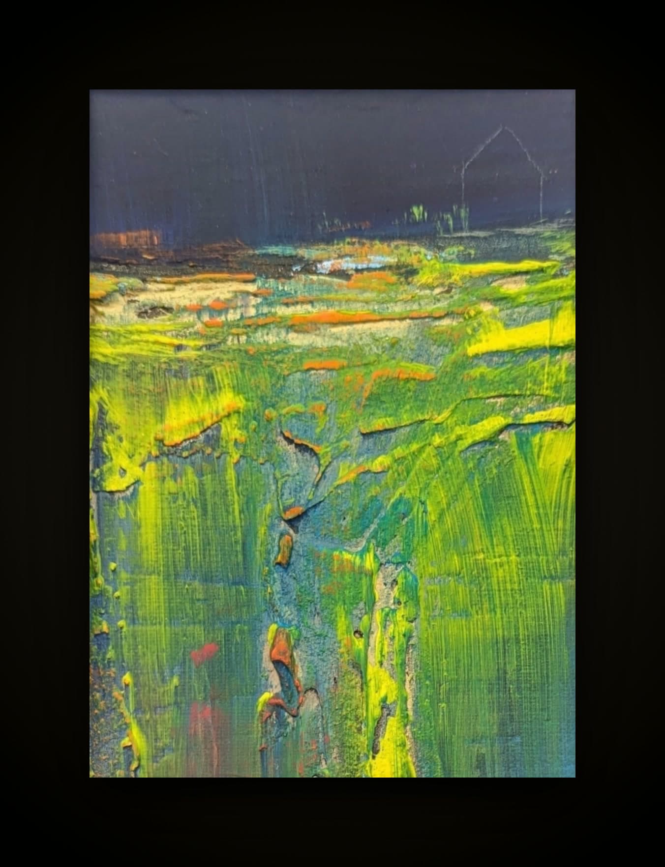 A yellow-green field under a dark band of sky, worked in long vertical strokes.