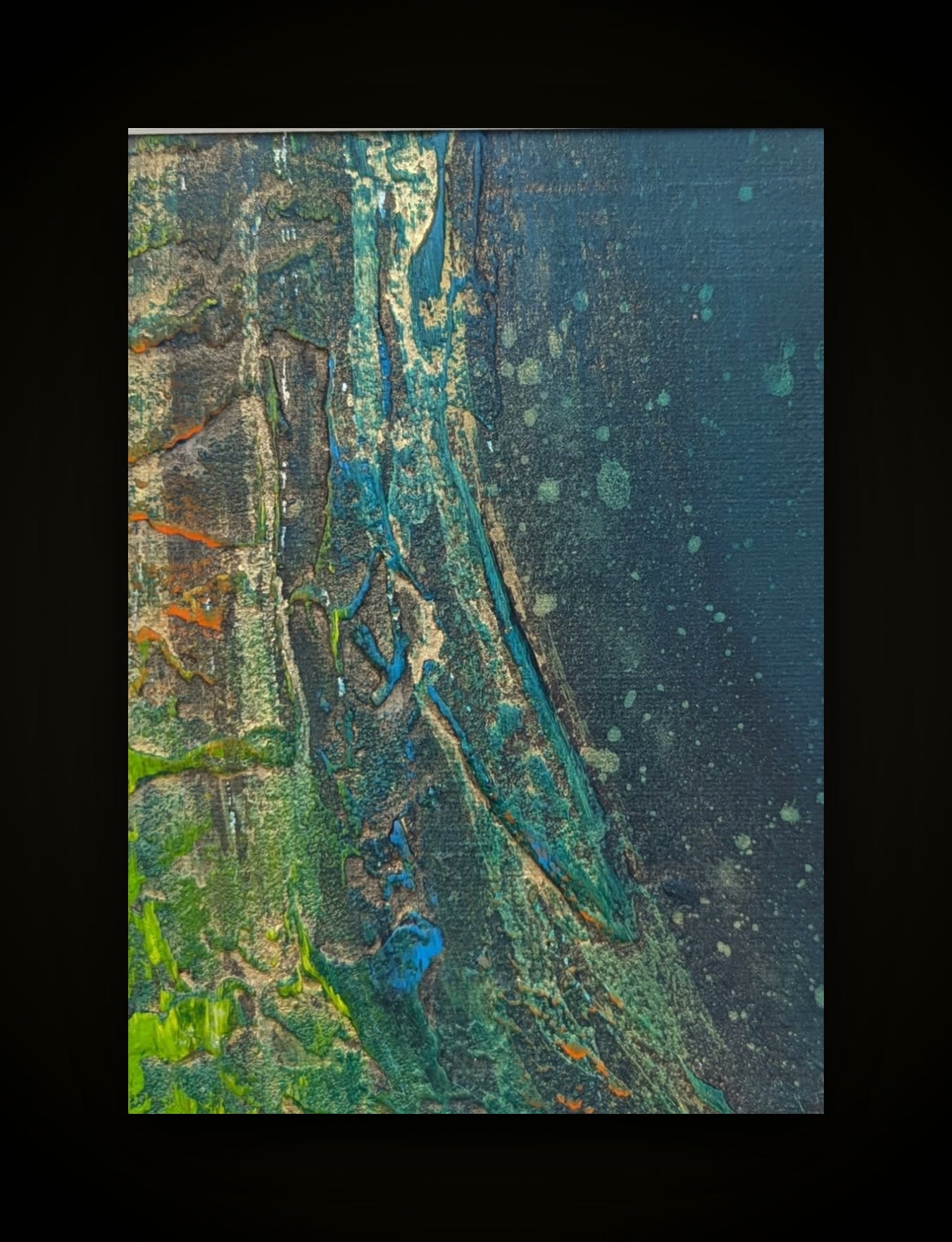 Blue-green and gold ridges running down the canvas, scattered with pale flecks.