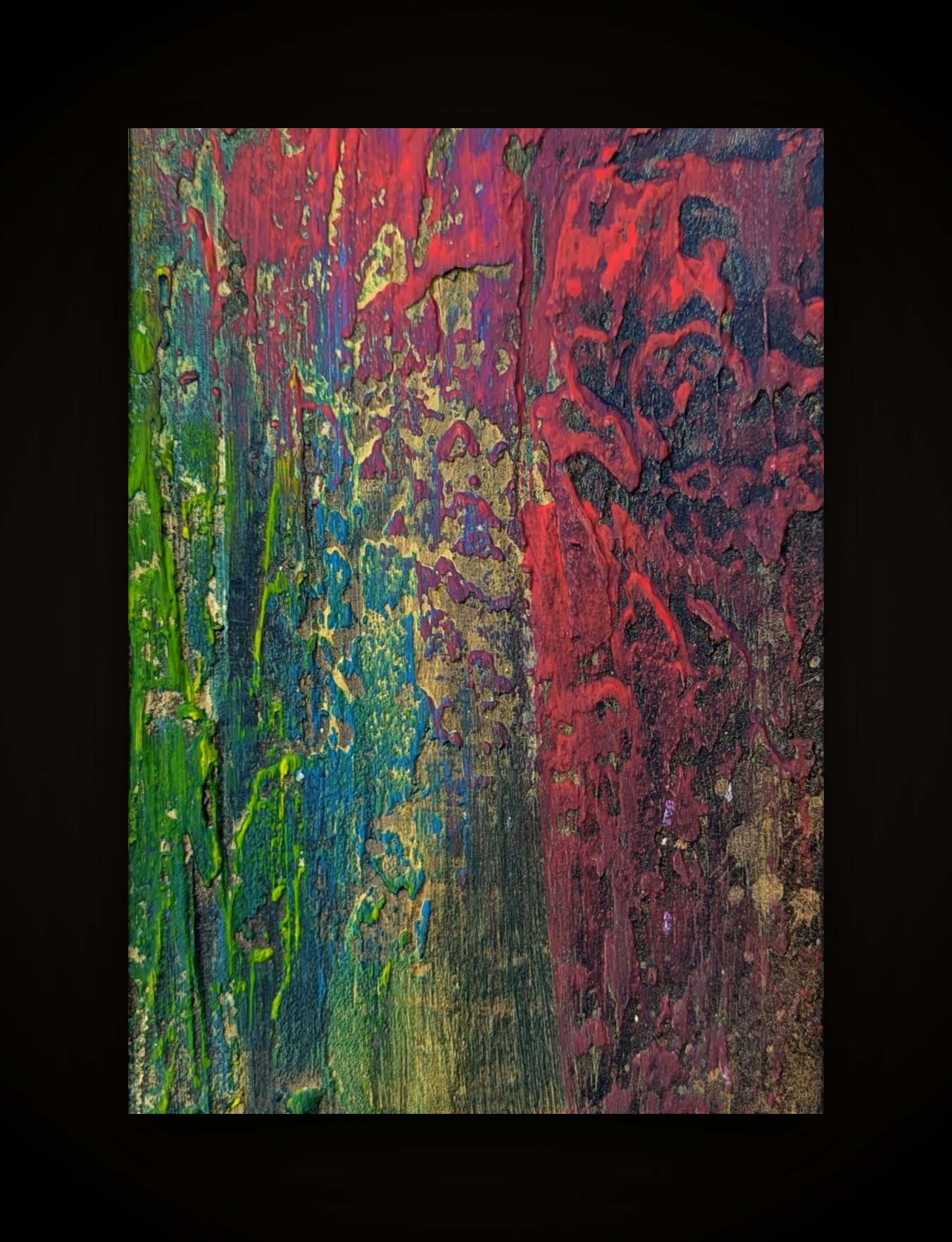 Crimson and gold worked over green, in dense vertical strokes.
