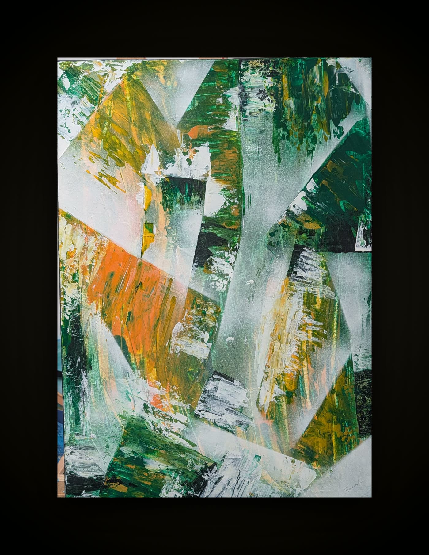 Canopy — a tall canvas of interlocking green, white and orange facets in broad palette-knife strokes.