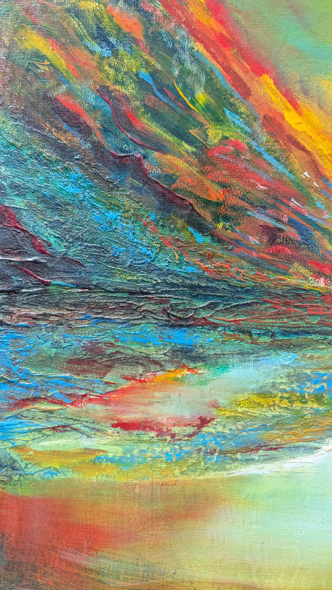 Detail: layered blue, red and yellow impasto.