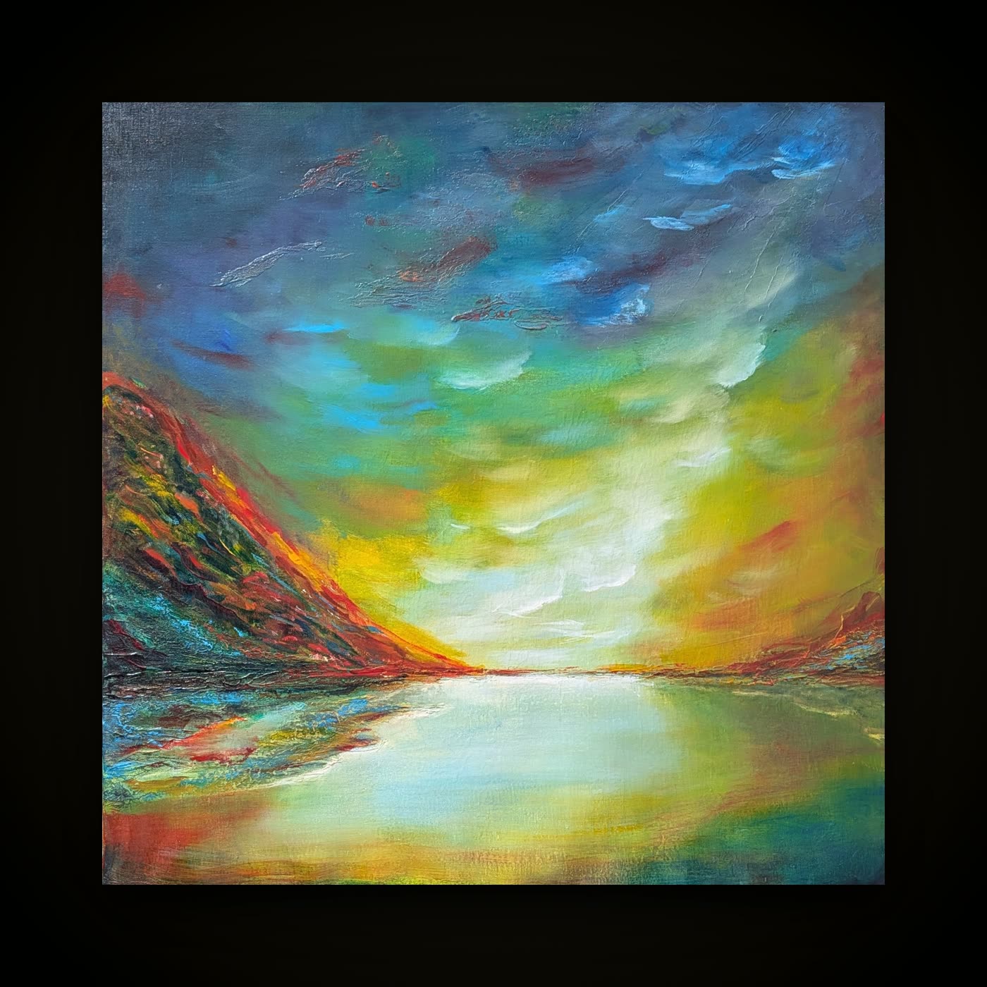 A large abstract landscape: a blue and green sky burning to yellow at the horizon, reflected in still water between dark red hills.