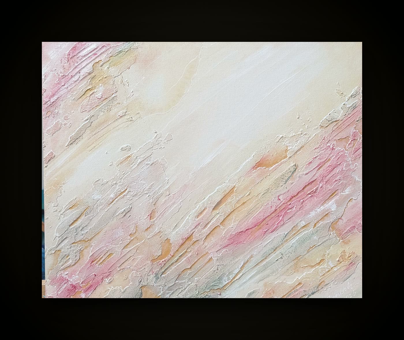 A pale canvas in cream, rose and silver, worked in long diagonal strokes of thick texture paste.