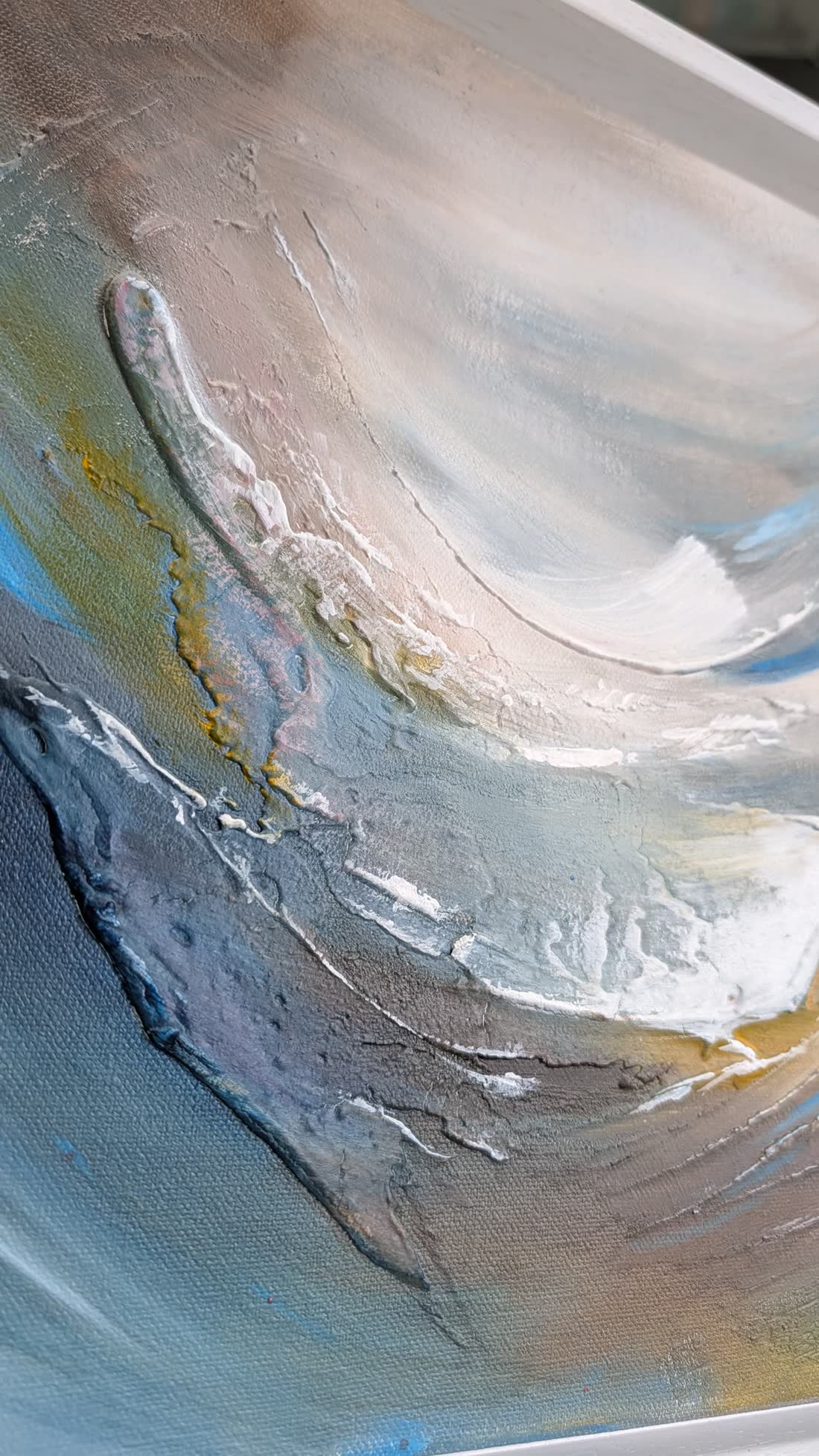 Detail: thick white impasto over grey and gold.