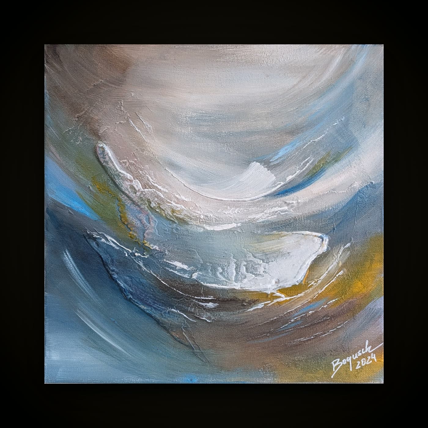 A square painting in a white float frame: white and grey cloud sweeping over blue and ochre, with heavy palette-knife texture.